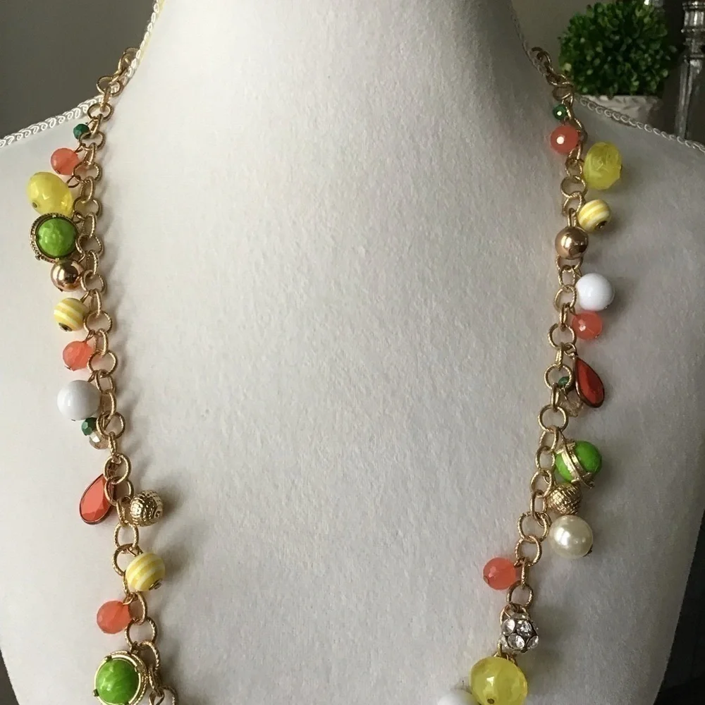 Citrus Baubles Necklace Orange Yellow White Green Gold Tone Beads Florida FL 35”